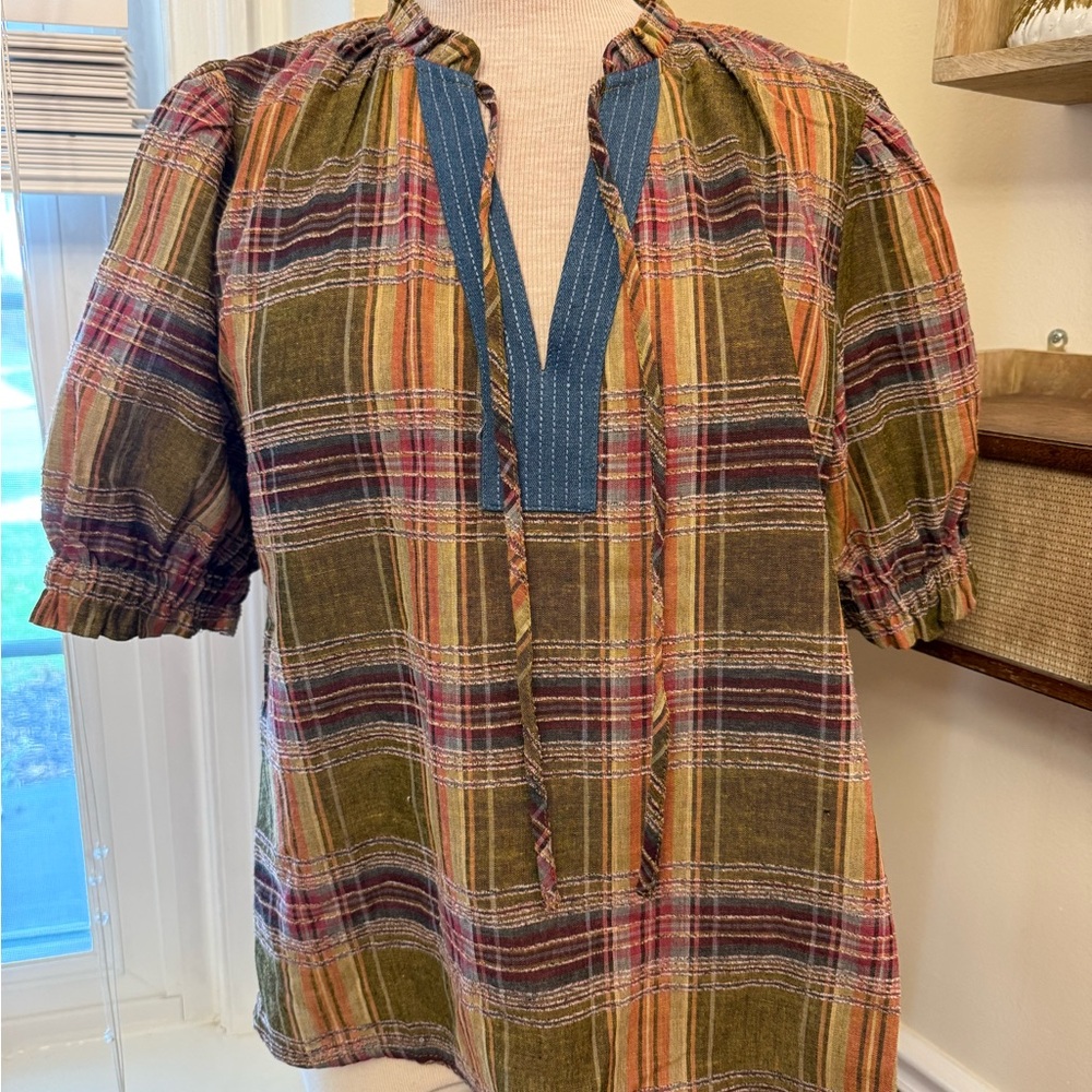THML Multicolor Plaid Blouse Claire puff sleeve Small